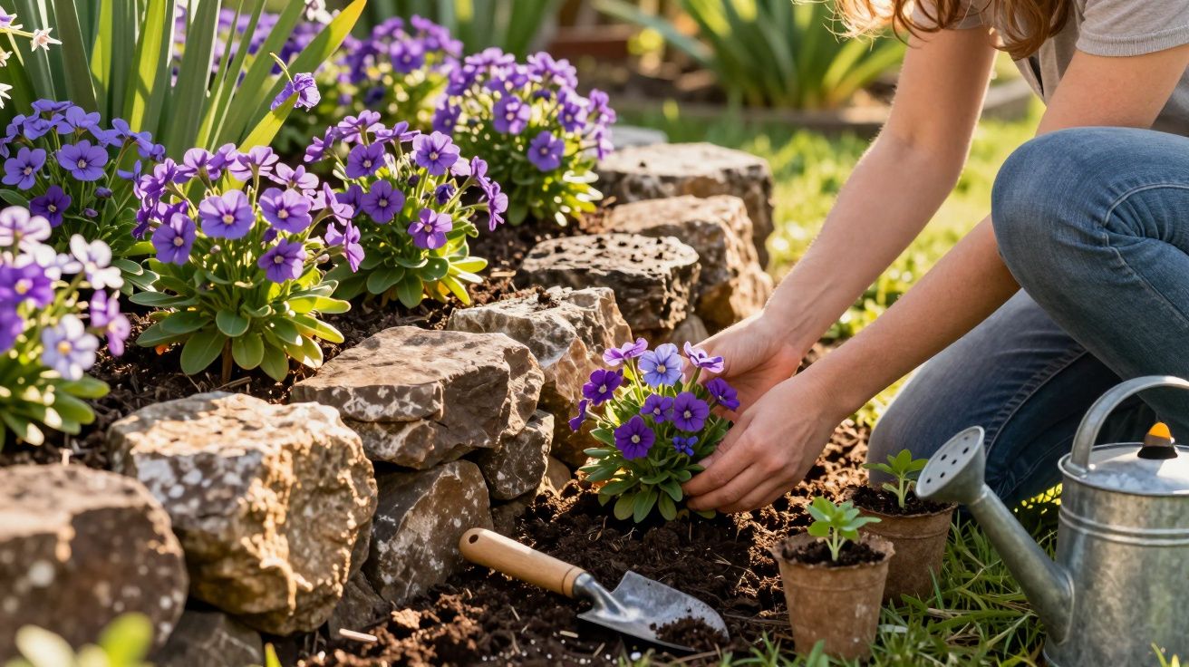 Pessoa a plantar flores roxas num jardim com pedras, regador e ferramentas de jardinagem ao lado.