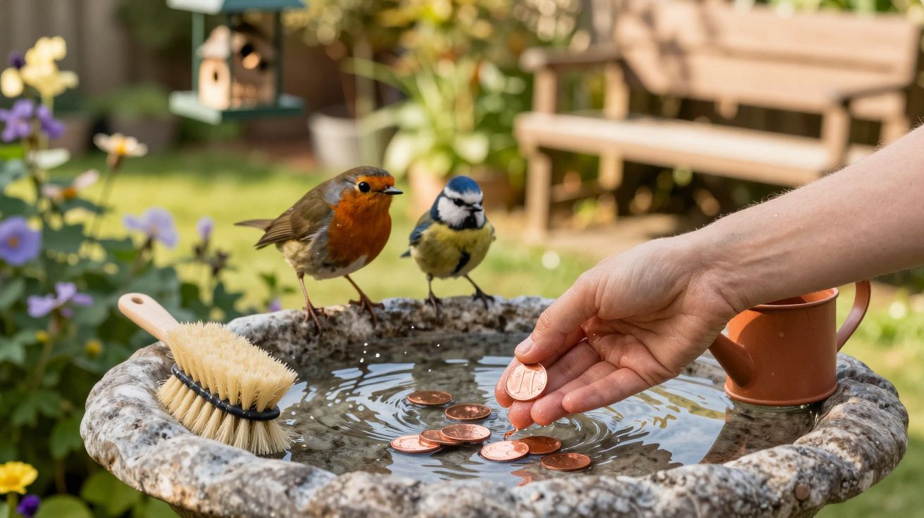 Mão a colocar moedas numa bacia de água com dois pássaros pousados e um pincel de limpeza no jardim.