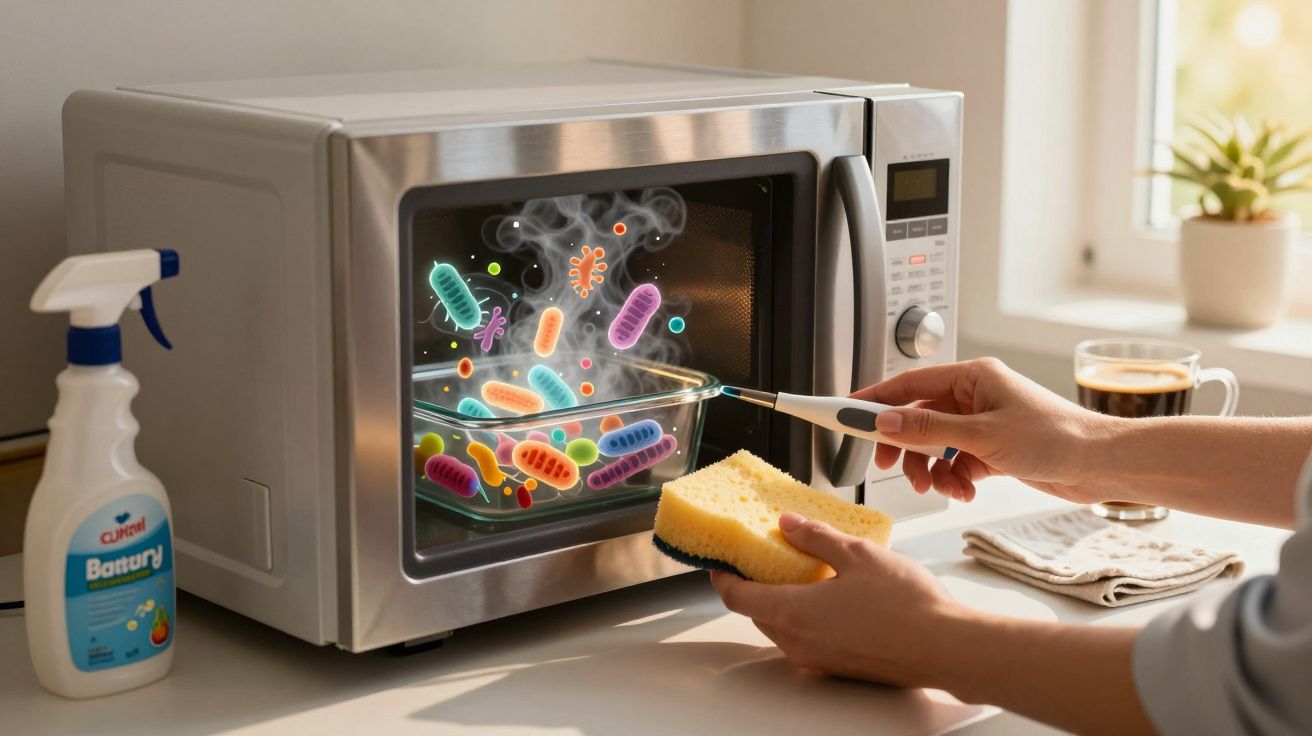 Mãos limparam micro-ondas com estropo e termómetro, microrganismos coloridos visíveis dentro do aparelho.