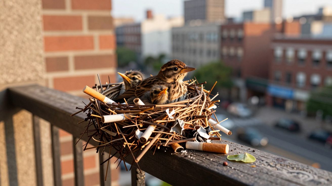 Ninho de pássaros com três filhotes entre cigarros no corrimão de varanda urbana ao entardecer.