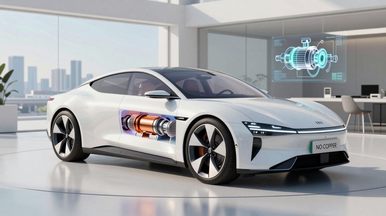 Carro elétrico branco com motor interno destacado em ambiente moderno e digital.