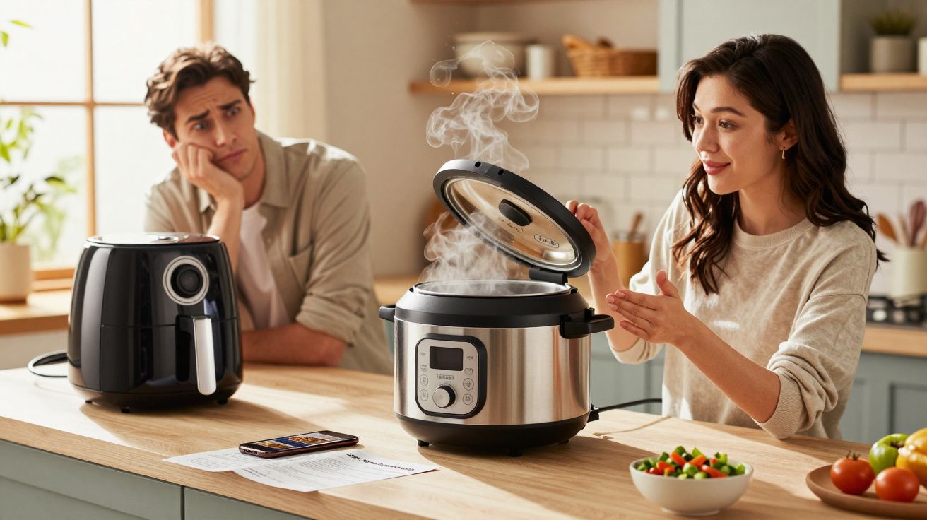 Mulher abre panela elétrica a vapor na cozinha enquanto homem observa desinteressado ao fundo.