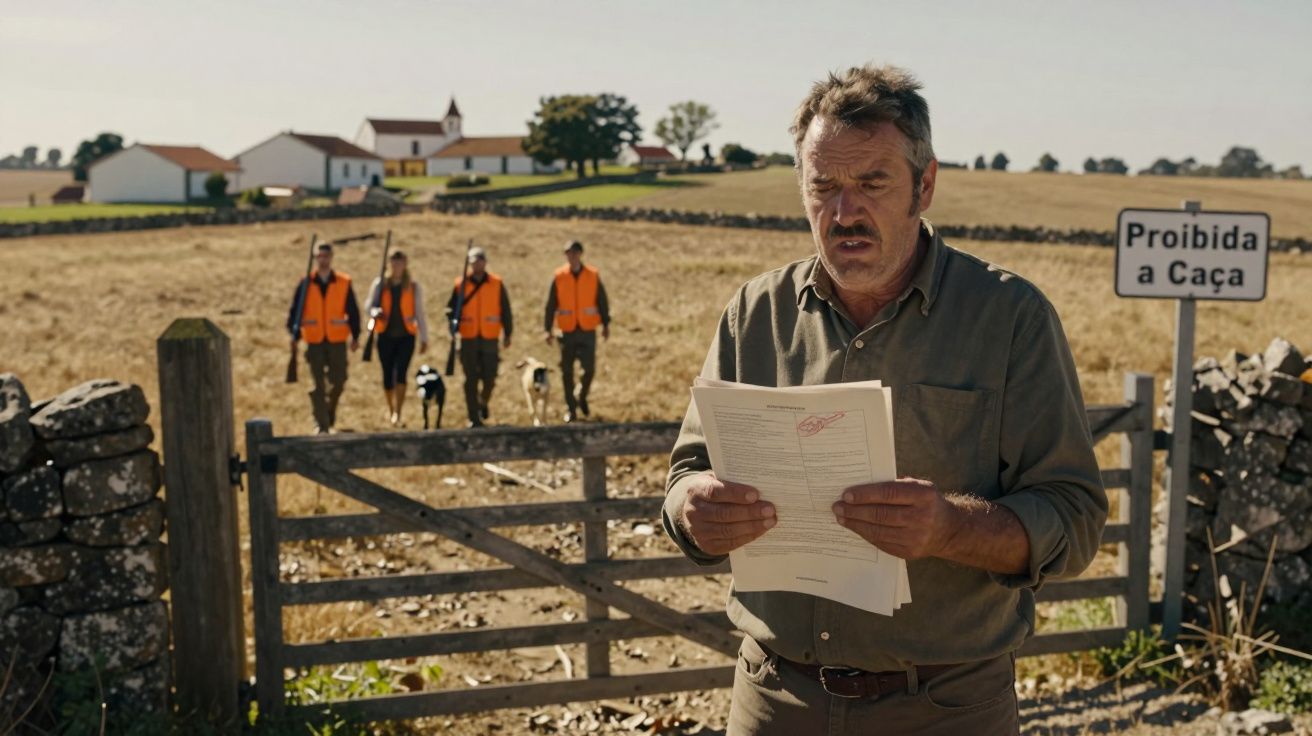 Homem lê documentos junto a portão com placa "Proibida a Caça" enquanto grupo com coletes laranja e cães se aproxima no campo