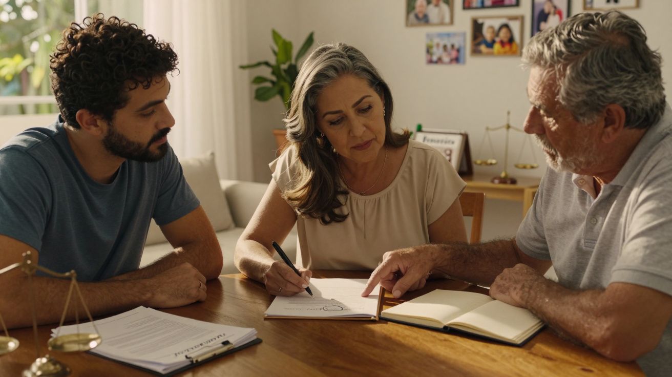 Três adultos sentados à mesa discutem e tomam notas em documentos num ambiente doméstico.