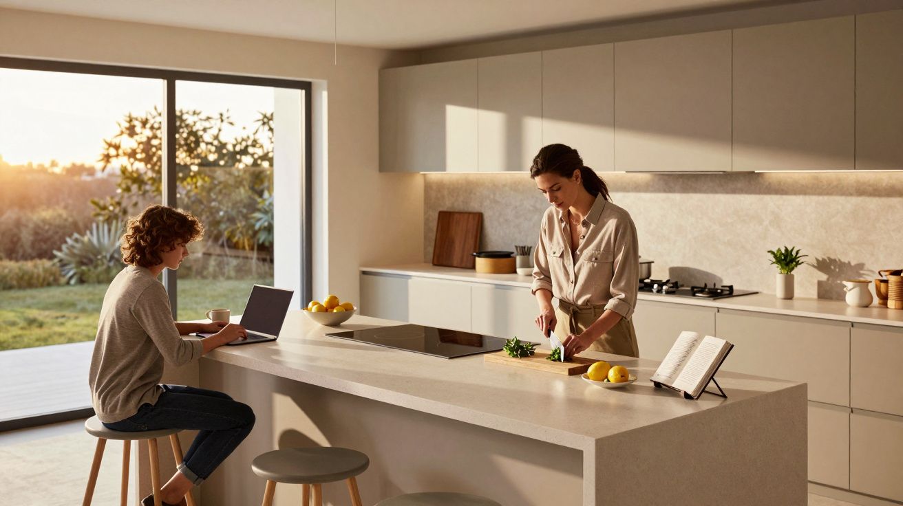 Duas pessoas numa cozinha moderna; uma cozinha e outra usa portátil sentada num banco à ilha.
