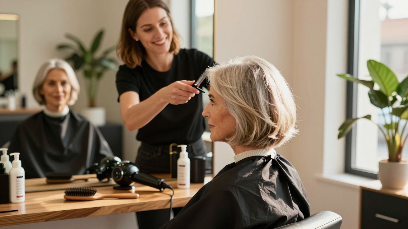 Mulher idosa a ser penteada por cabeleireira jovem num salão de beleza iluminado e moderno.