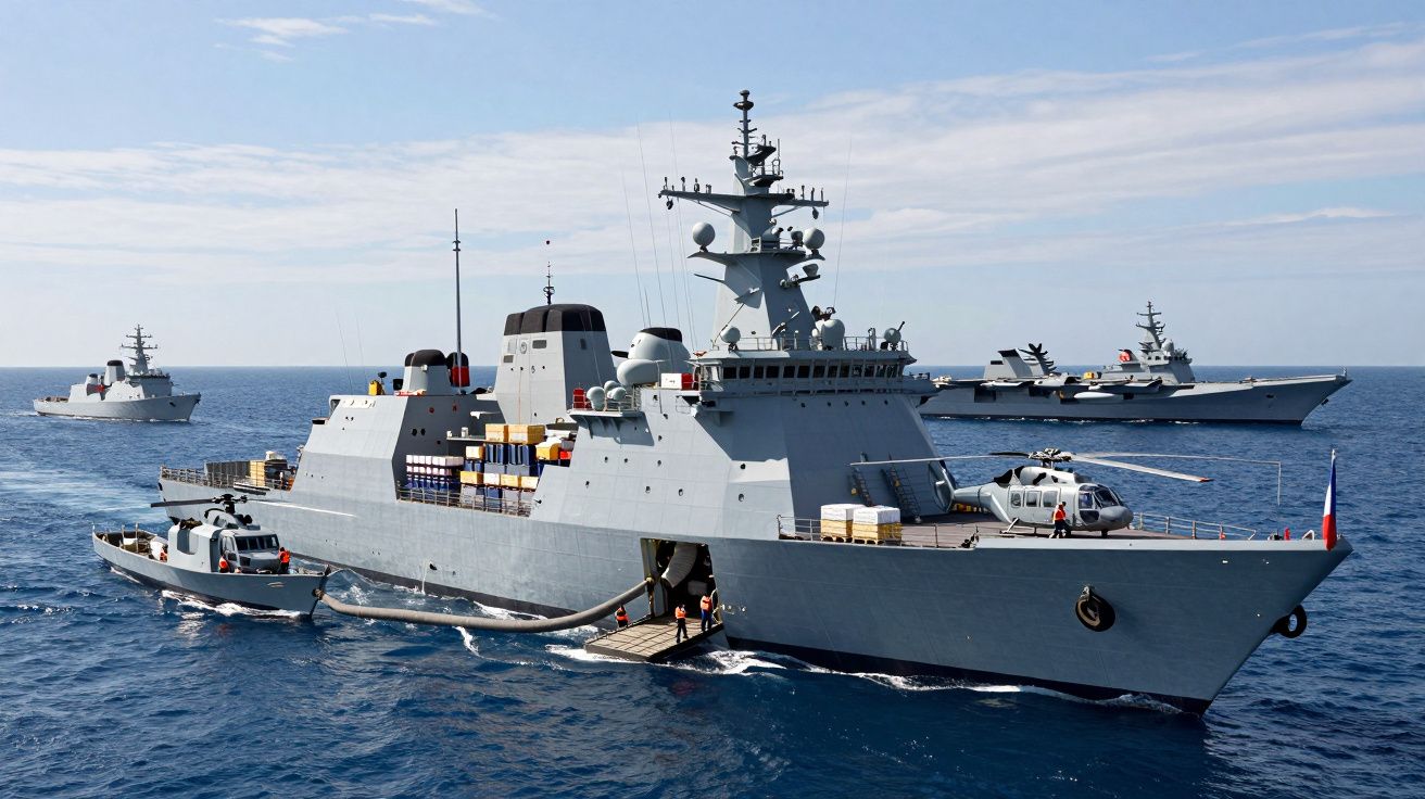 Porta-aviões militar cinzento com helicóptero e navios de escolta no mar sob céu azul.