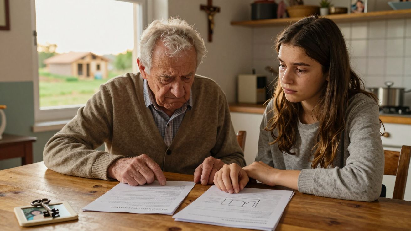 Idoso e jovem sentados à mesa, a analisar documentos com expressões sérias numa cozinha.