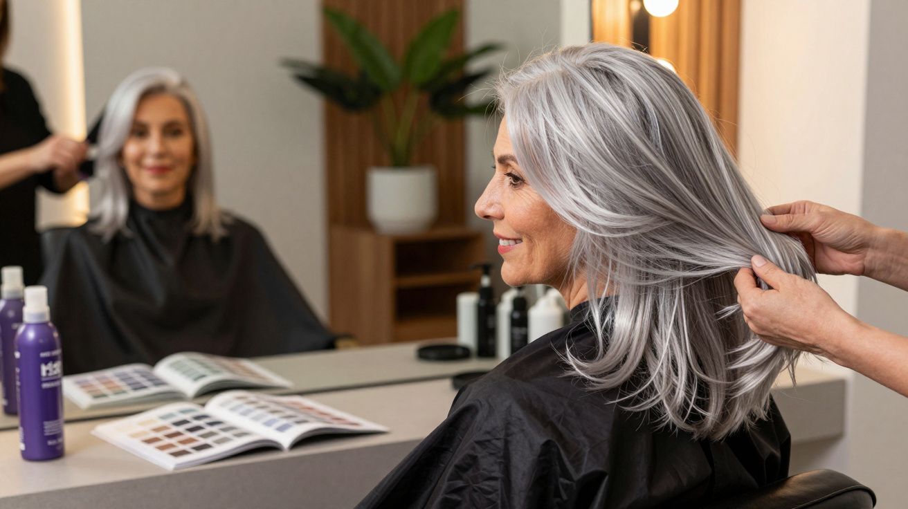 Mulher de cabelos grisalhos sentada no salão de cabeleireiro, com profissional a mexer no seu cabelo.