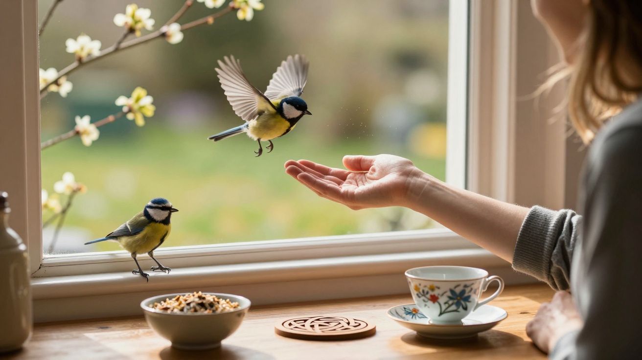 Pessoa abre a mão para passar sementes a dois pássaros junto a uma janela com flores fora.
