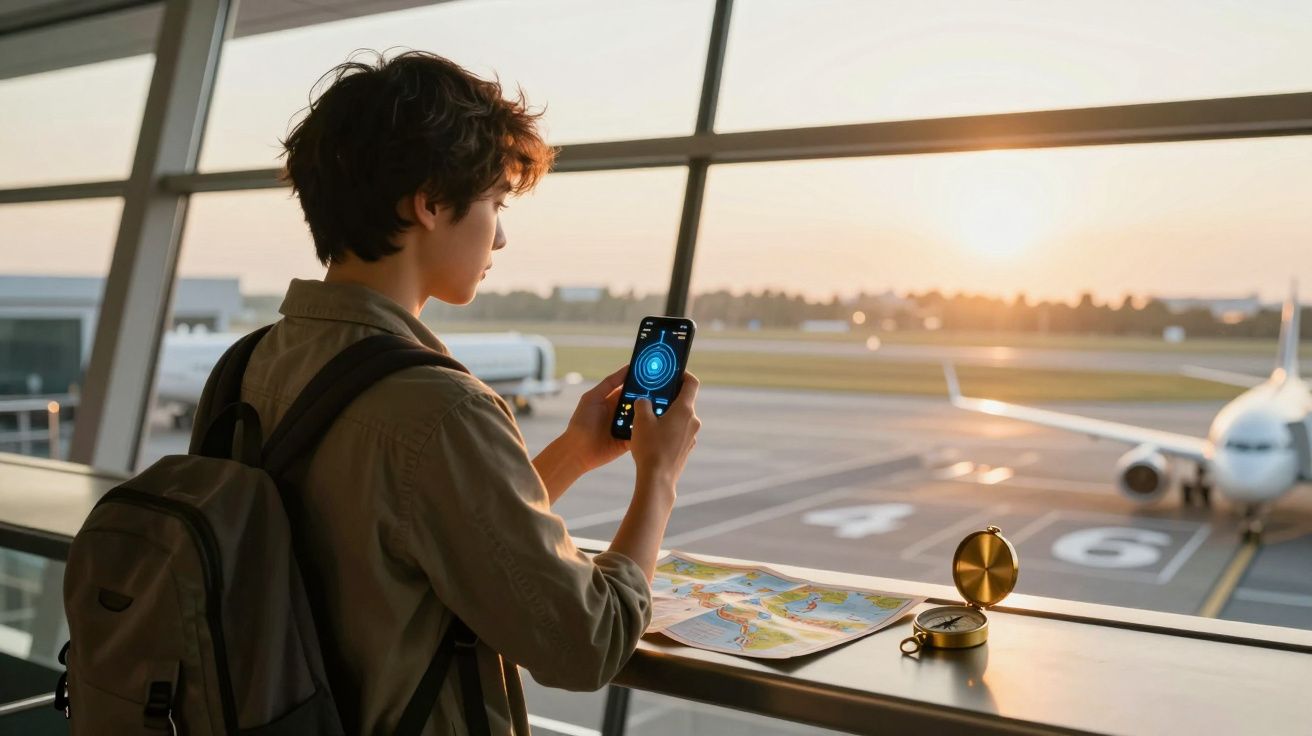 Pessoa jovem com mochila usa telemóvel numa janela de aeroporto ao pôr do sol, com mapa e bússola à frente.