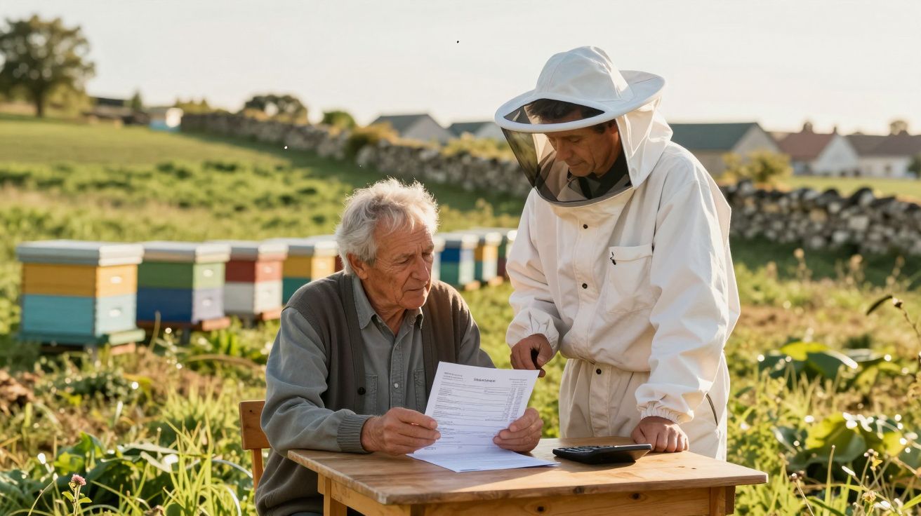 Dois homens junto a colmeias, um com fato de apicultor, analisando documentos numa mesa ao ar livre.