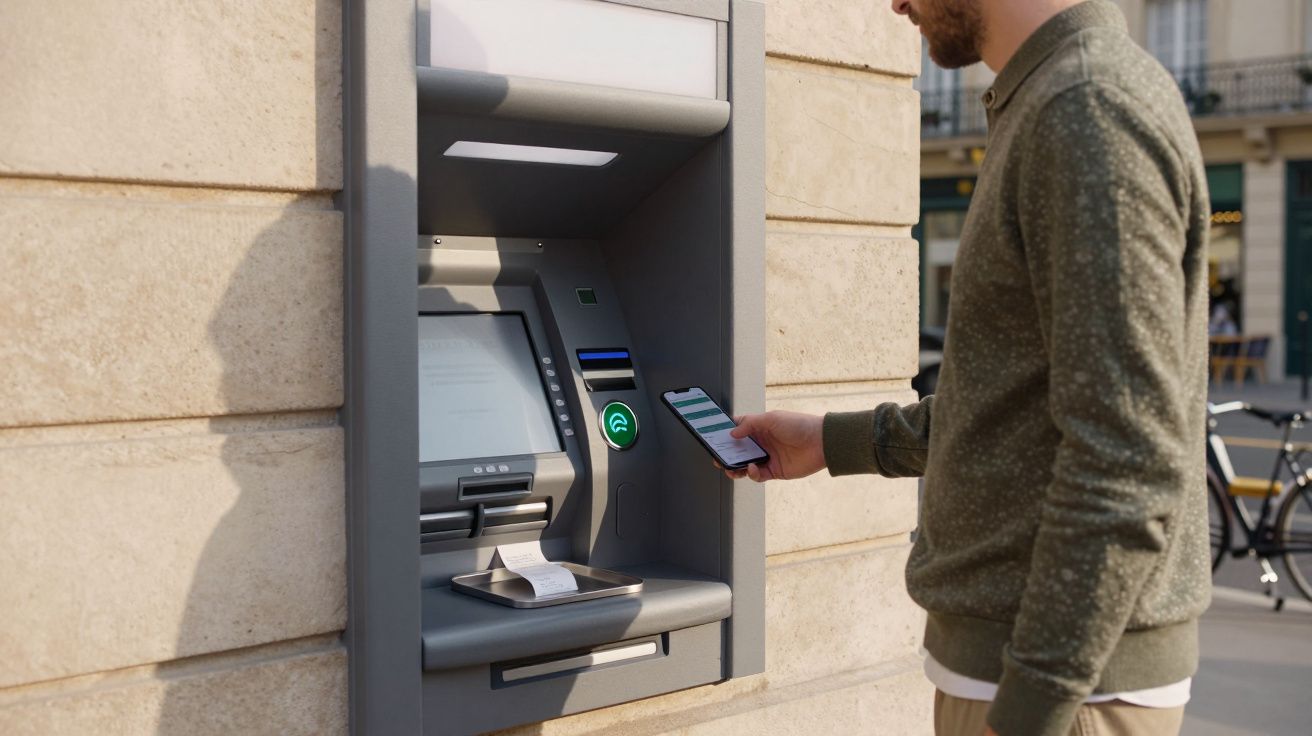 Homem utiliza telemóvel para levantar dinheiro num multibanco instalado numa parede exterior.