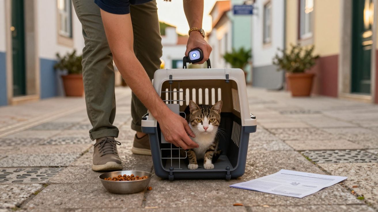 Pessoa soltando um gato de uma transportadora numa rua, com taça de ração e papel no chão ao lado.