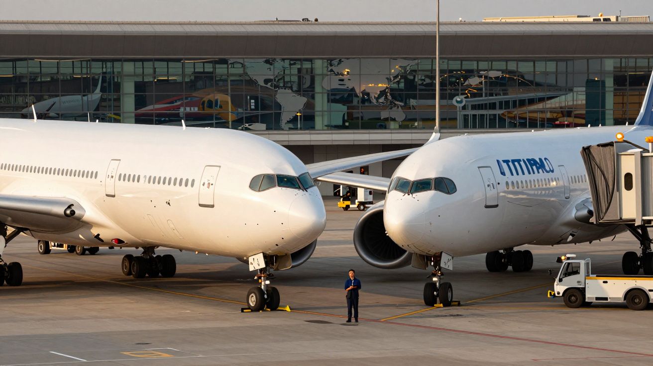 Dois aviões estacionados lado a lado no aeroporto com uma pessoa entre eles e terminal ao fundo.