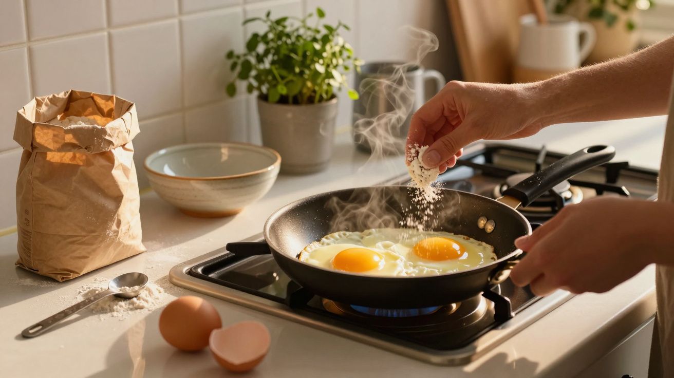 Duas fatias de ovo a fritar numa frigideira com mãos a temperar com sal numa cozinha iluminada.