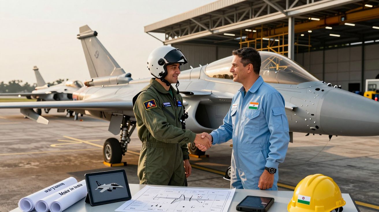 Dois militares apertam mãos diante de avião de combate numa base aérea, com plantas e capacete na mesa.