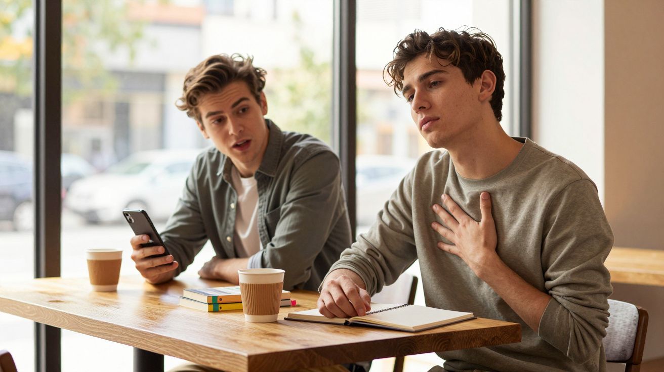 Dois jovens sentados numa mesa de madeira, um fala ao telemóvel e o outro mostra preocupação.