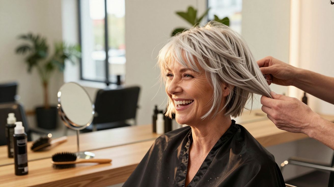 Mulher sorridente com cabelo cinza curto a ser penteado num salão de cabeleireiro moderno.