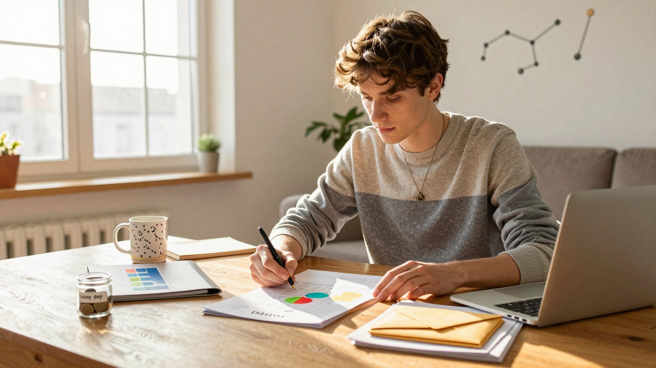 Jovem sentado a trabalhar num gráfico colorido à mesa com portátil, caneca e documentos numa sala iluminada.