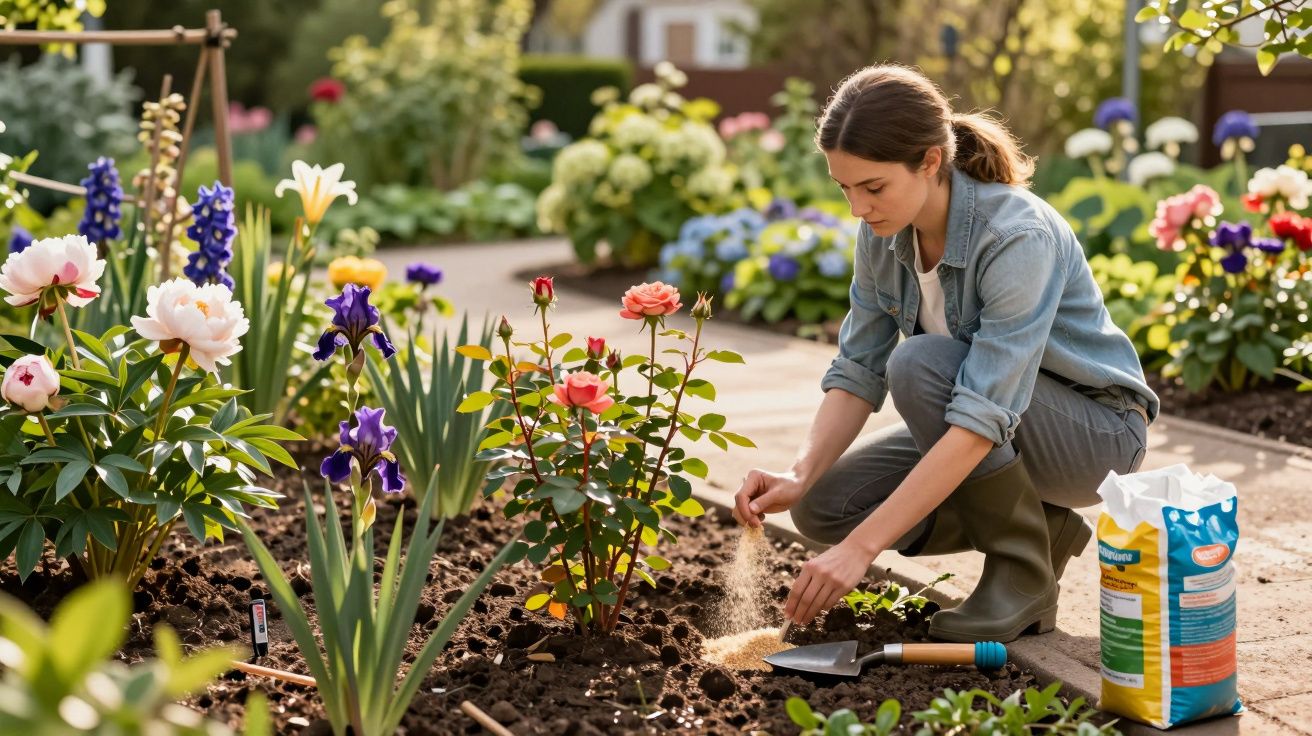 Mulher a cuidar das plantas num jardim florido, espalhando fertilizante no solo junto a flores coloridas.