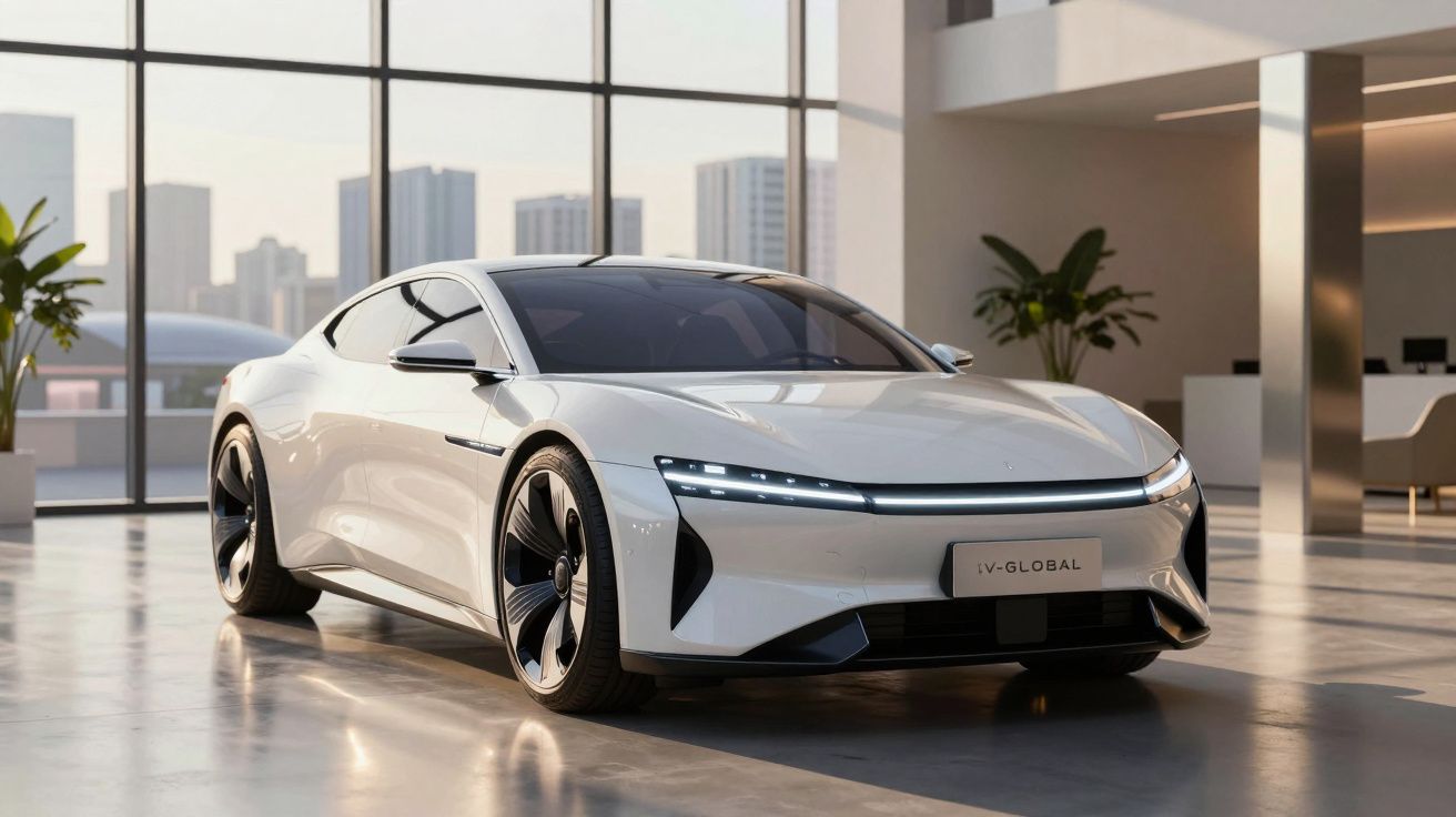 Carro elétrico branco moderno estacionado dentro de uma sala com grandes janelas e plantas decorativas.