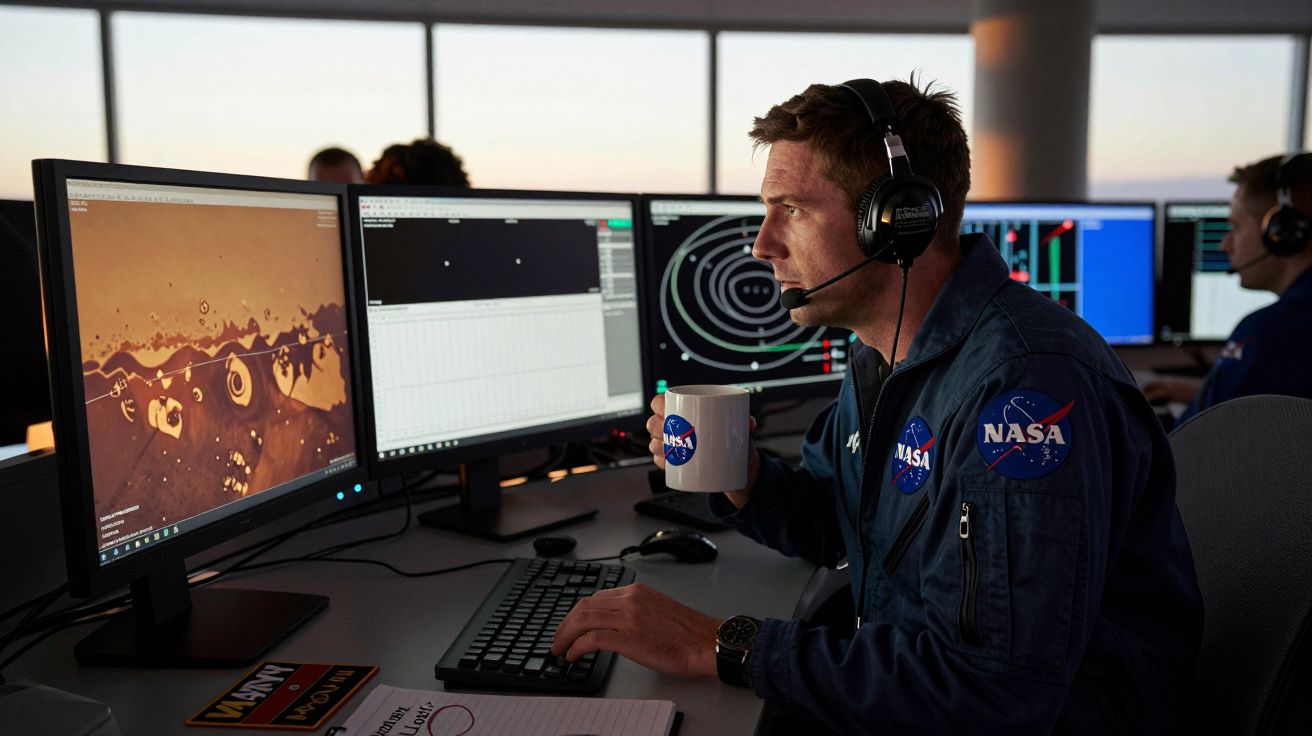 Homem com fato NASA e auscultadores a trabalhar em computadores com gráficos e a segurar caneca.