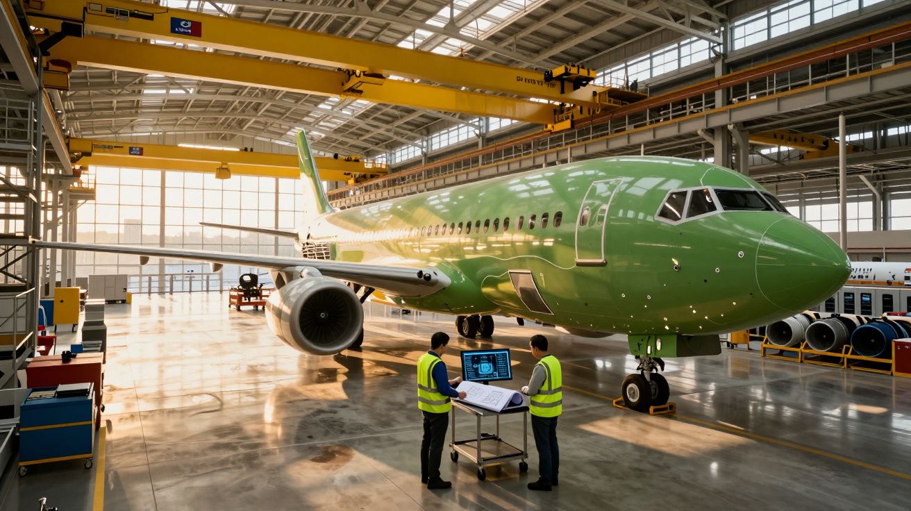 Avião verde em hangar industrial com dois técnicos a analisar planos e computador.