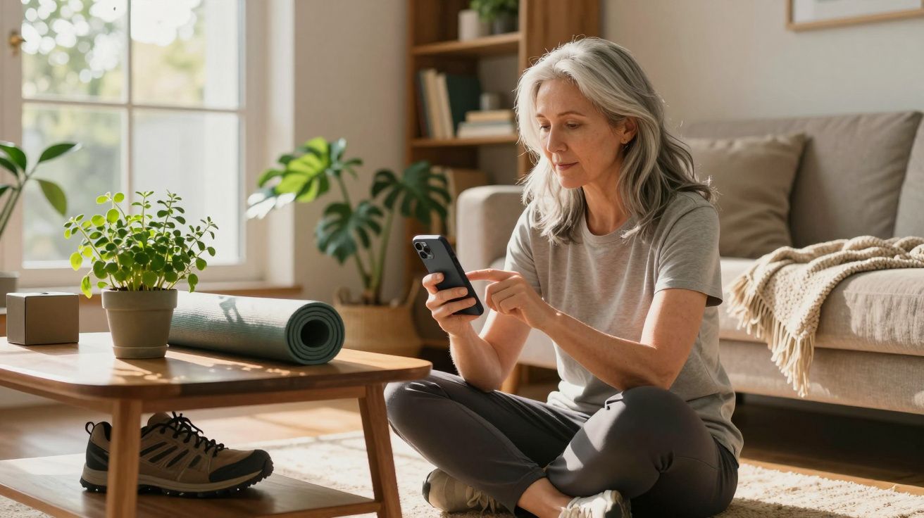 Mulher adulta sentada no chão da sala, usando telemóvel, com tapete de yoga e plantas à sua volta.