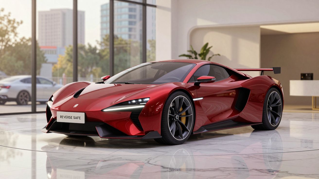 Carro desportivo vermelho com design aerodinâmico e spoiler traseiro, estacionado em interior moderno.