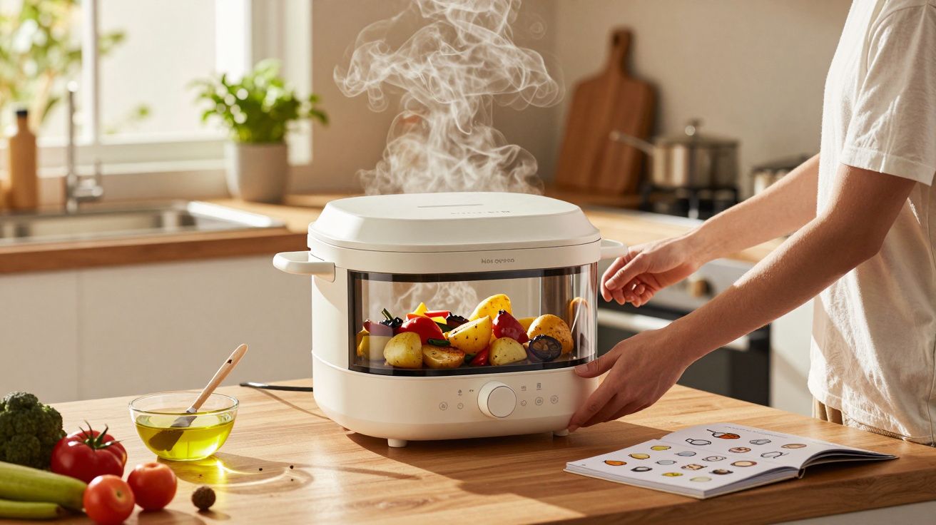 Pessoa a usar forno eléctrico branco com legumes a cozinhar a vapor numa cozinha moderna.