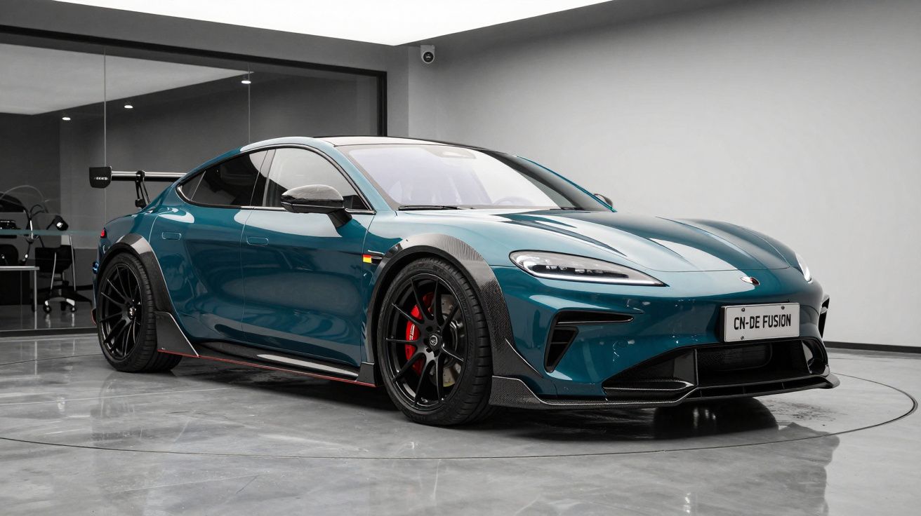 Automóvel desportivo azul metálico estacionado em showroom moderno com chão de cimento polido e paredes brancas.