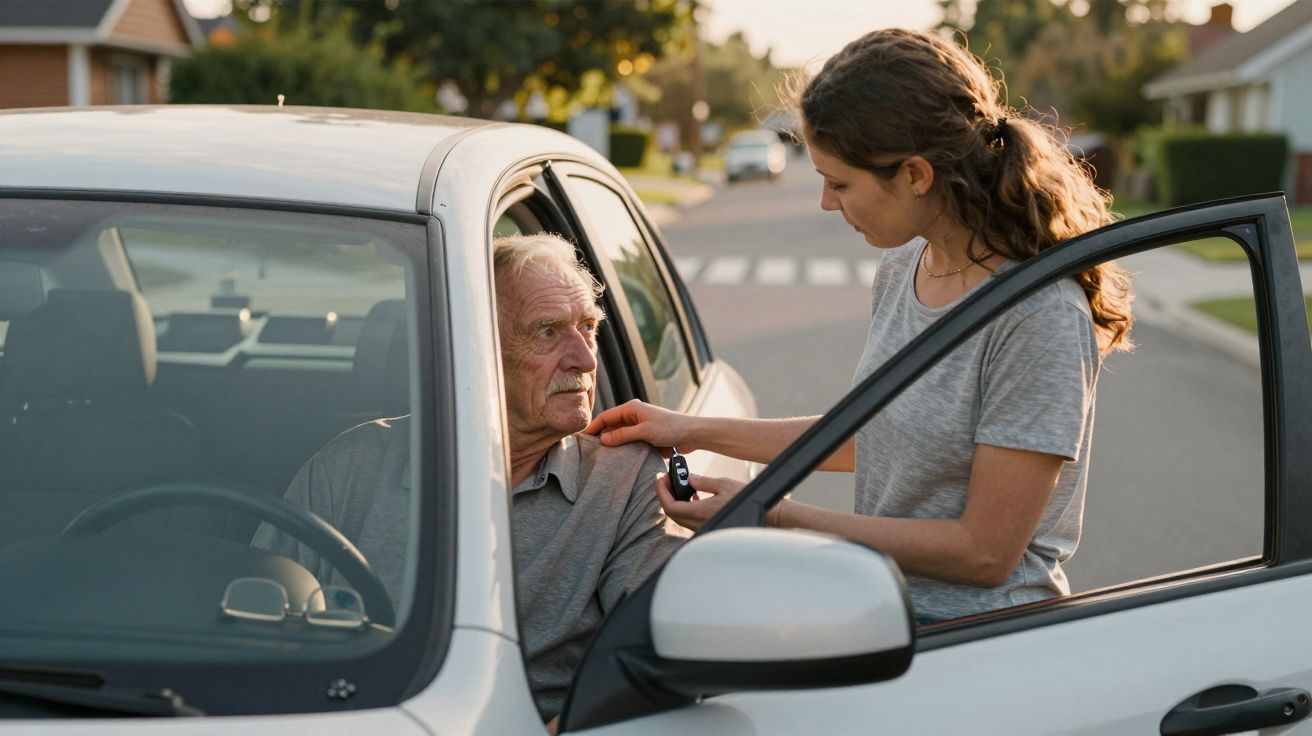 Mulher a ajudar homem idoso a sair do carro numa rua residencial calma ao entardecer.