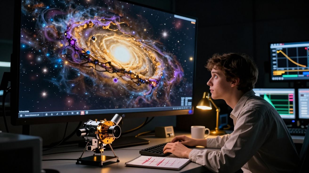 Jovem cientista observa imagem de galáxia num ecrã grande, com equipamentos de laboratório ao redor.