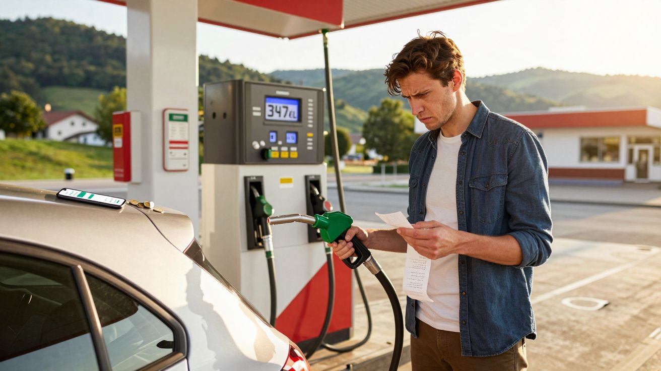 Homem junto a bomba de gasolina consulta recibo enquanto abastece carro num posto de combustível ao ar livre.