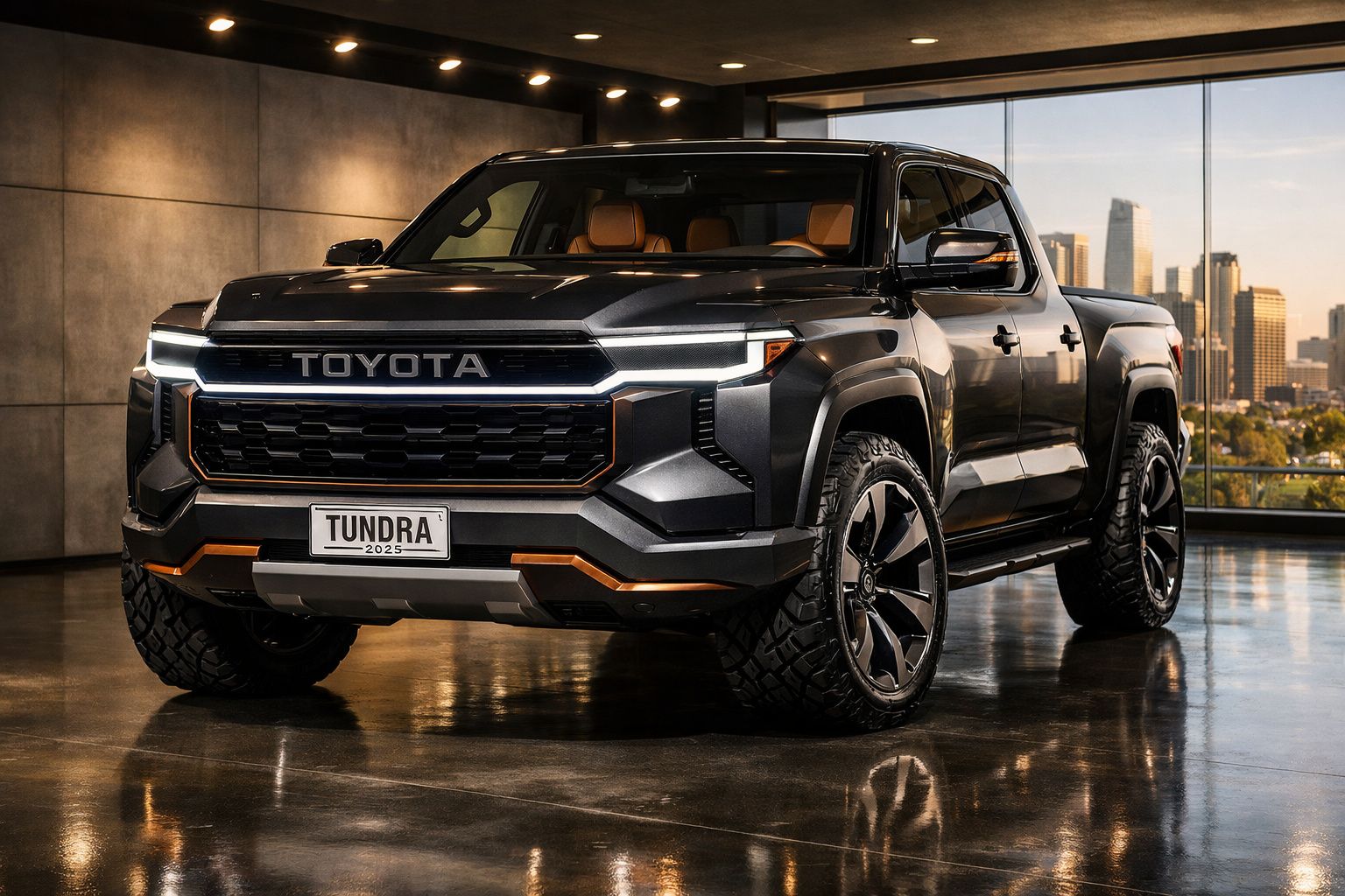 Pick-up Toyota Tundra 2025 preta estacionada em garagem moderna com vista para arranha-céus ao fundo.