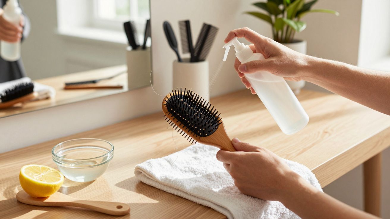 Pessoa a borrifar líquido numa escova de cabelo sobre toalha branca numa mesa com limão e recipientes de vidro.