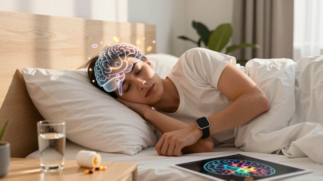Pessoa a dormir na cama com ilustração digital de cérebro ativo sobre a cabeça e comprimidos na mesa de cabeceira.