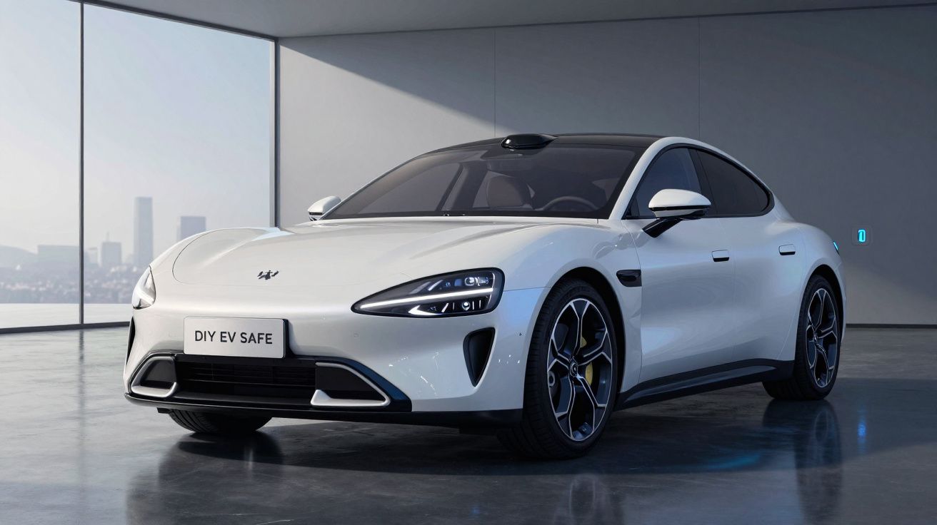 Carro elétrico branco moderno num ambiente interior com grandes janelas e iluminação natural suave.