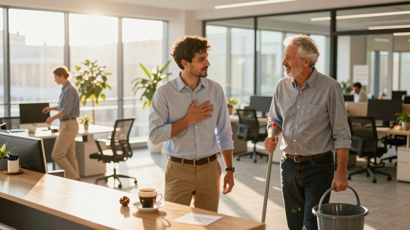 Dois homens conversam num escritório moderno, um com roupa formal e outro com equipamento de limpeza.