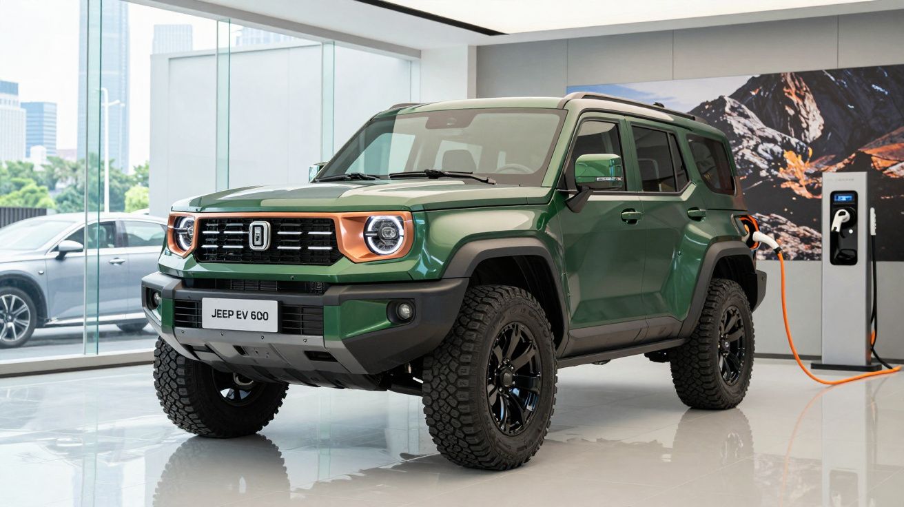 Jeep elétrico verde Jeep EV 600 a carregar numa estação de carregamento interior moderna.