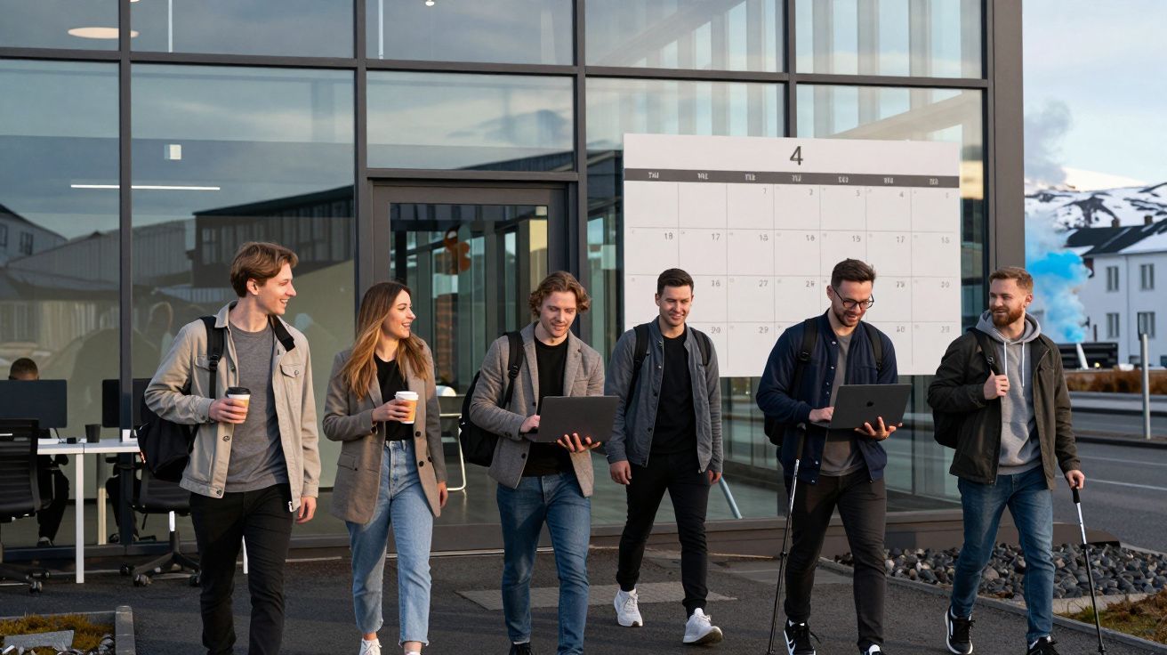 Grupo de cinco jovens a conversar e caminhar junto a um edifício moderno com calendário visível.