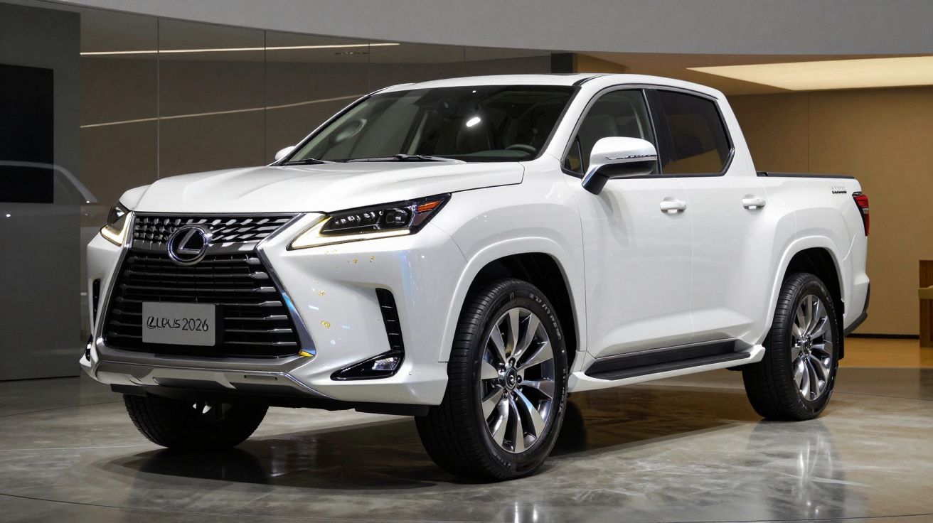 Picape branca Lexus 2026 exibida num showroom moderno com iluminação suave.