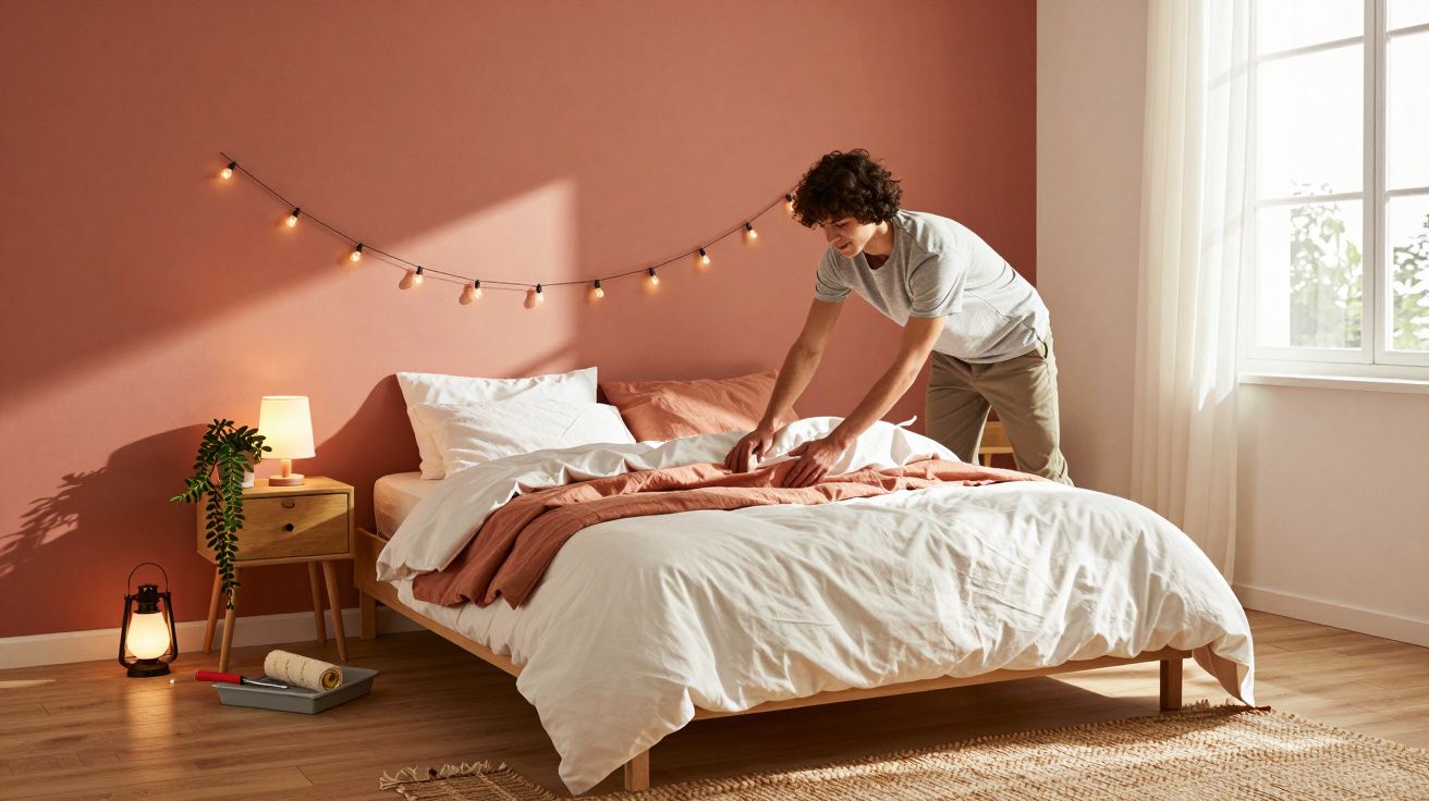 Homem a arrumar a cama num quarto com parede cor terracota e iluminação suave.