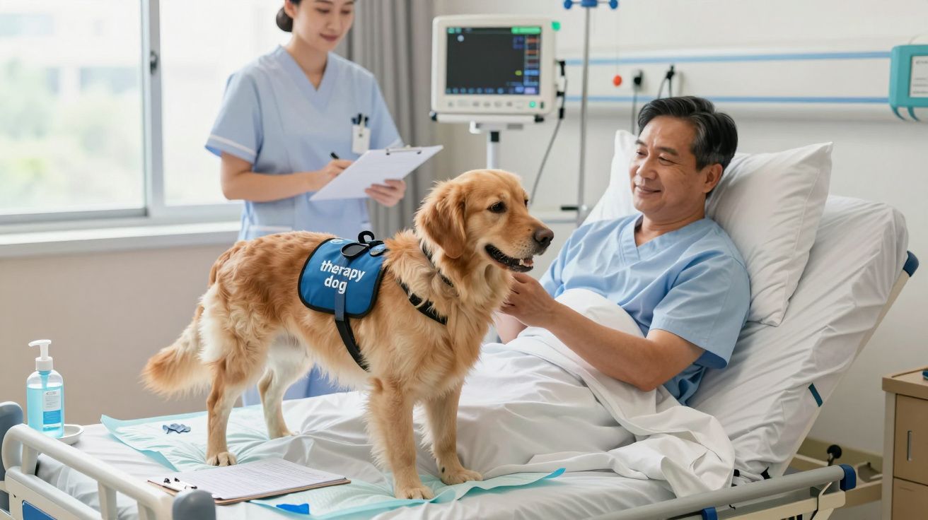 Homem hospitalizado interage com cão de terapia enquanto enfermeira regista informações.