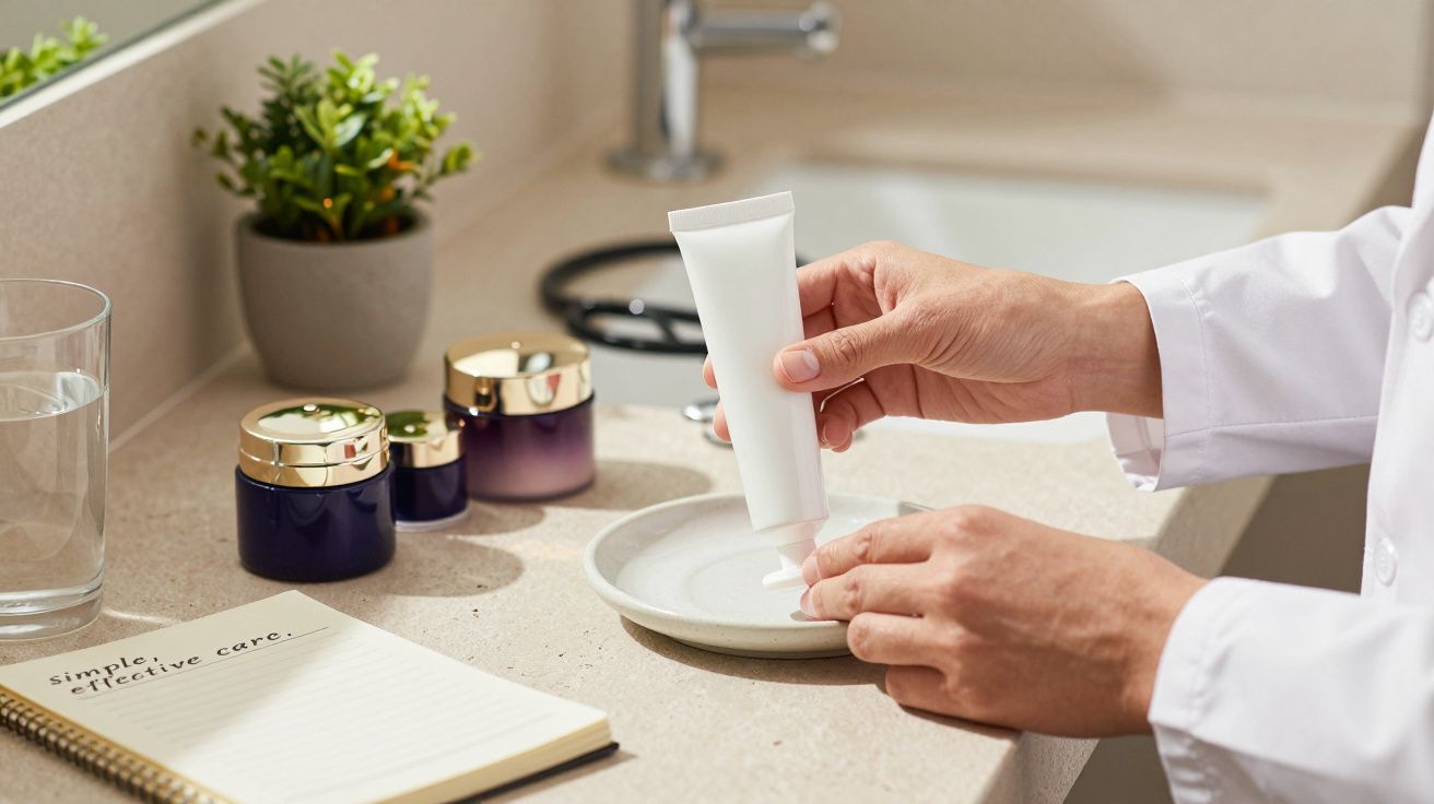 Mãos a colocar creme branco num prato, jarros de cosméticos e caderno numa bancada de casa de banho.