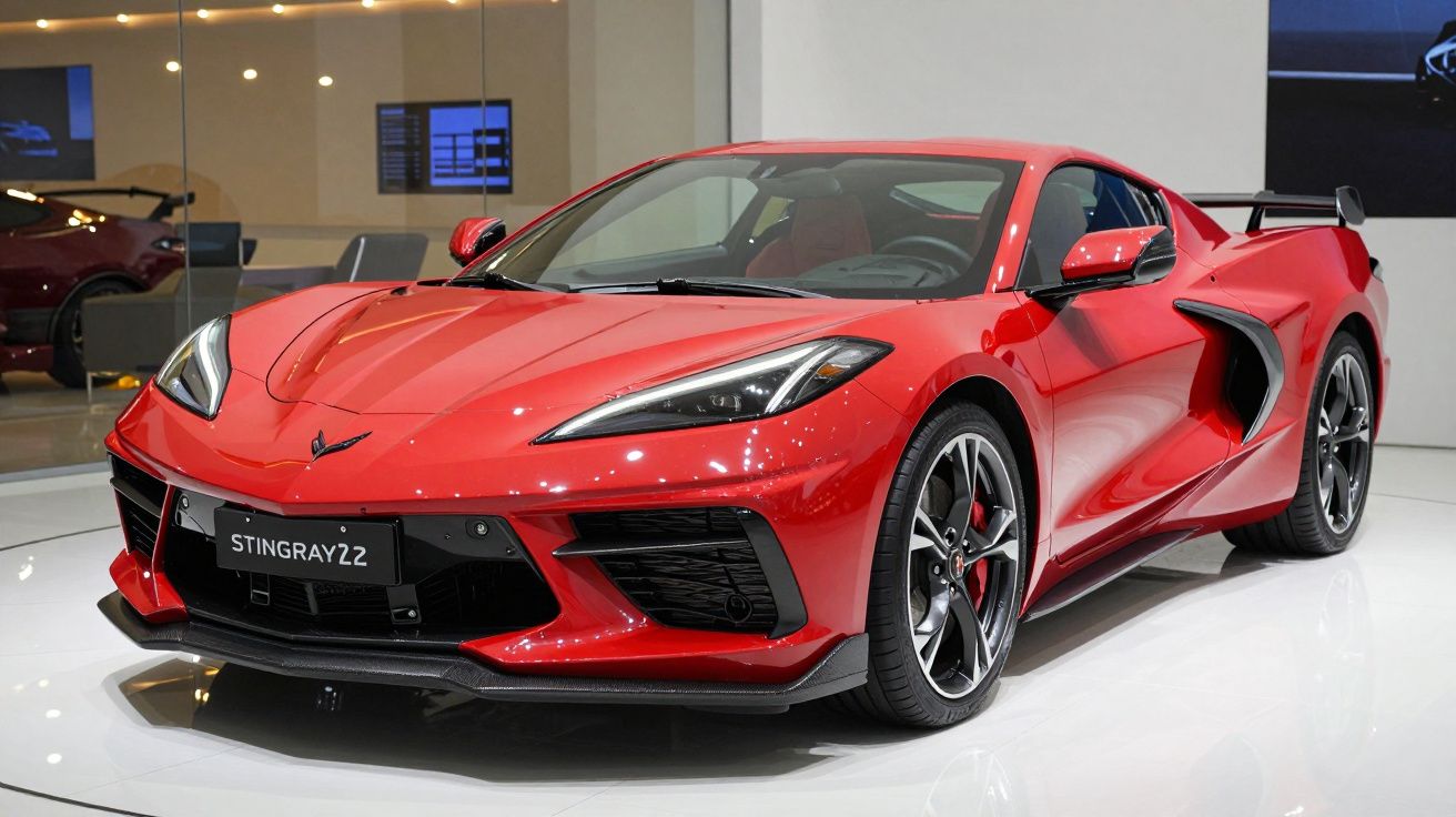 Carro desportivo vermelho Chevrolet Corvette Stingray Z2 exibido em sala de exposição moderna.