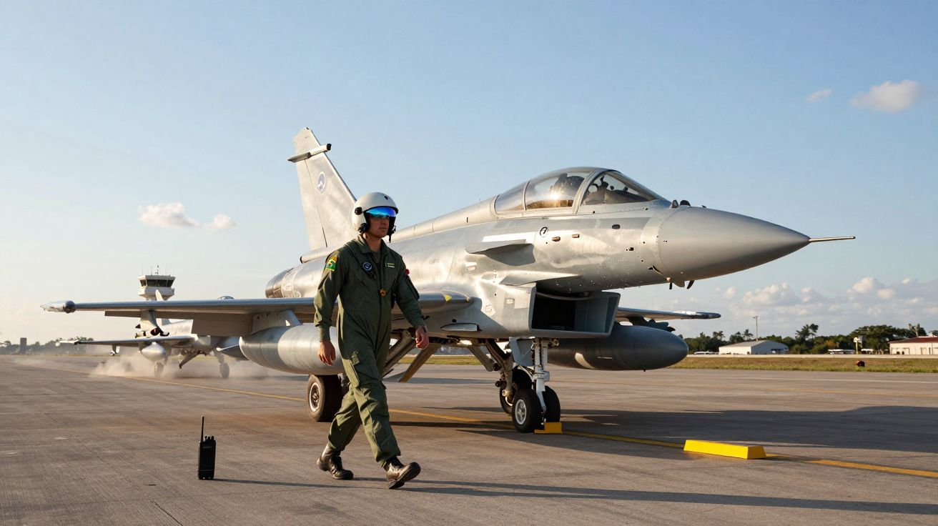 Piloto militar com fato verde e capacete azul caminha junto a jato de combate estacionado em pista de aeroporto.