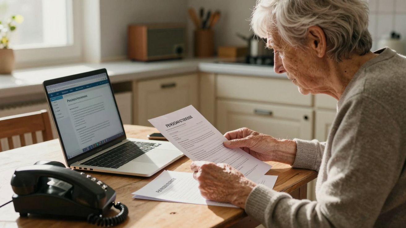 Pessoa idosa a analisar documentos de pensões numa cozinha com computador portátil e telefone antigo.