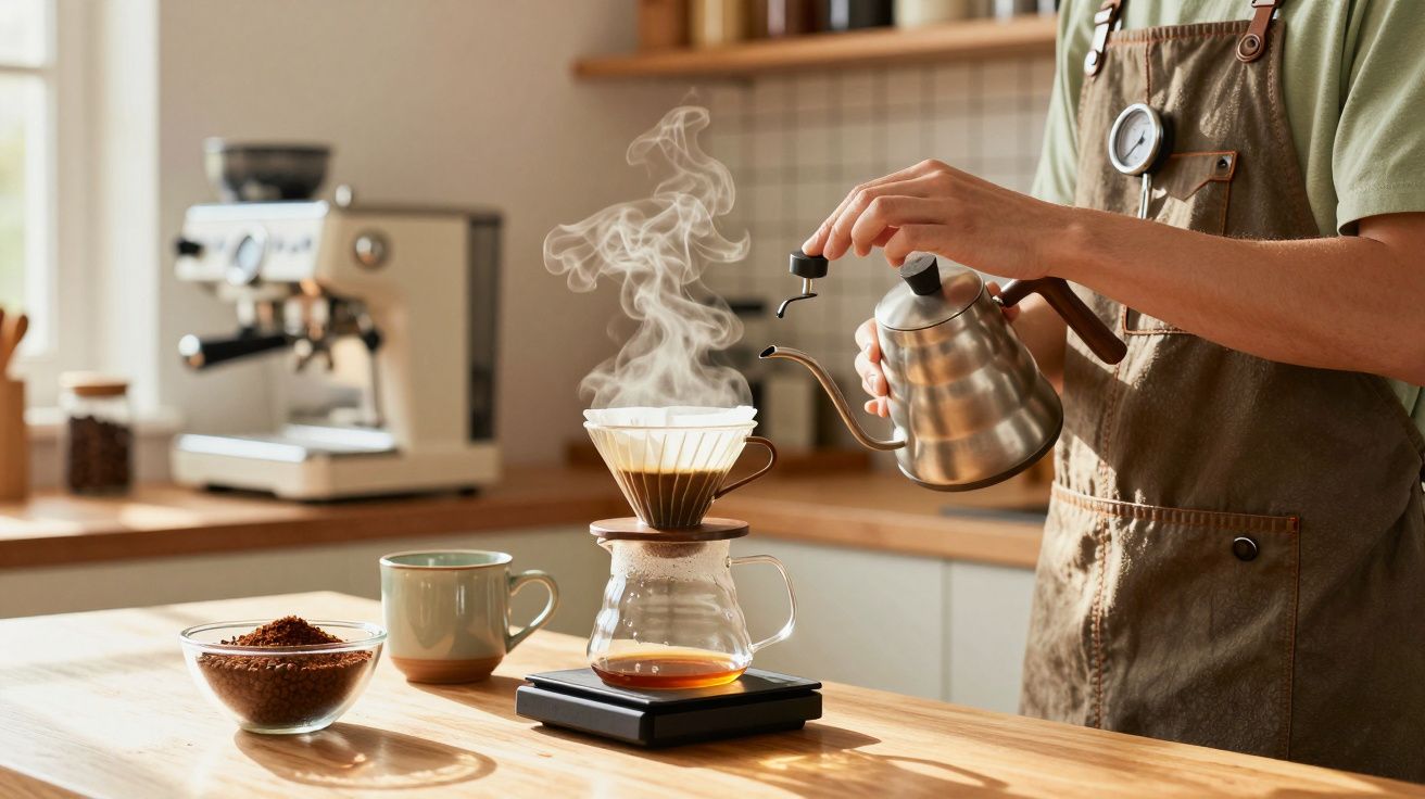 Pessoa a preparar café coado com chaleira de bico fino numa cozinha iluminada.